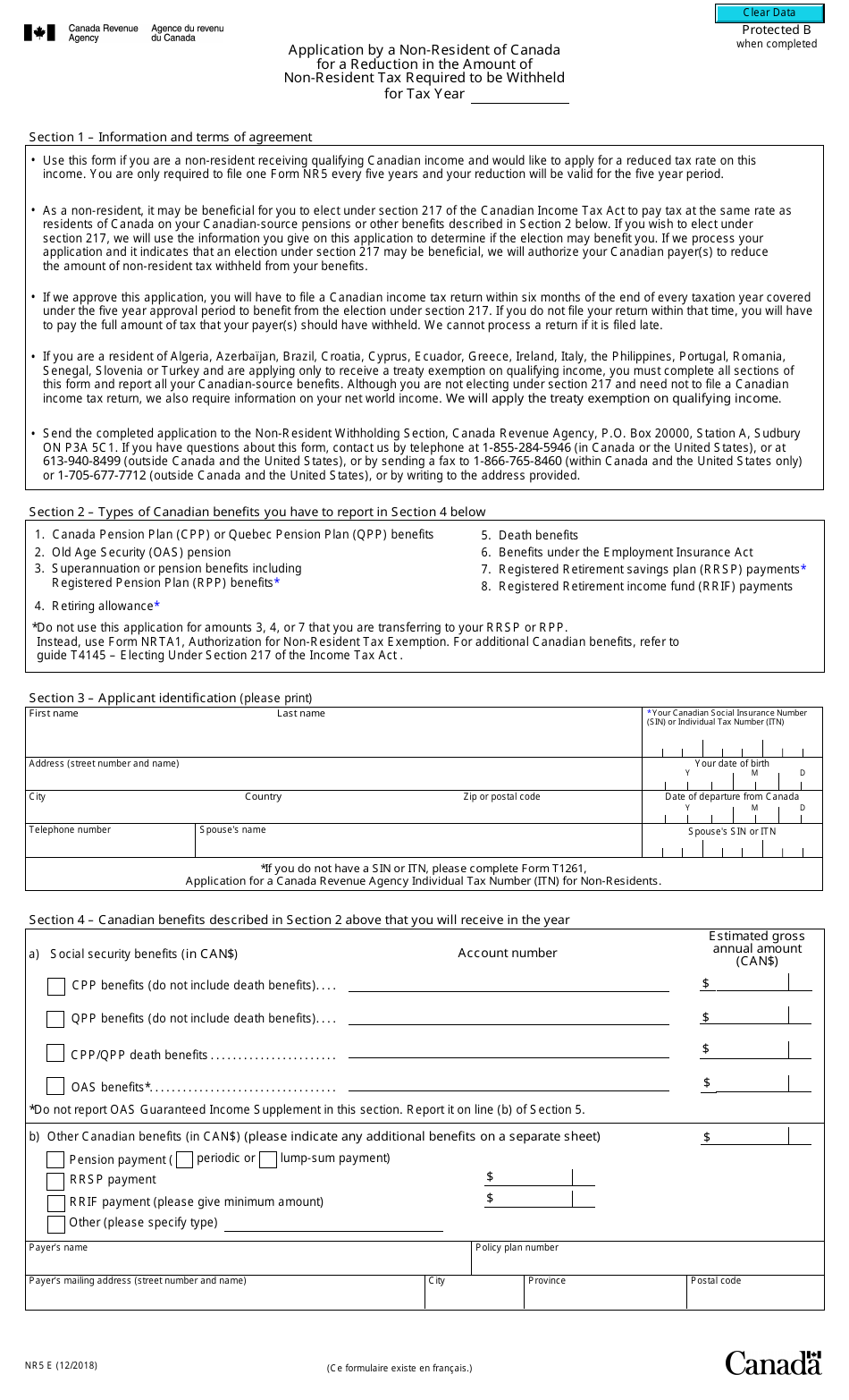 Form NR5 Application by a Non-resident of Canada for a Reduction in the Amount of Non-resident Tax Required to Be Withheld for Tax Year - Canada, Page 1