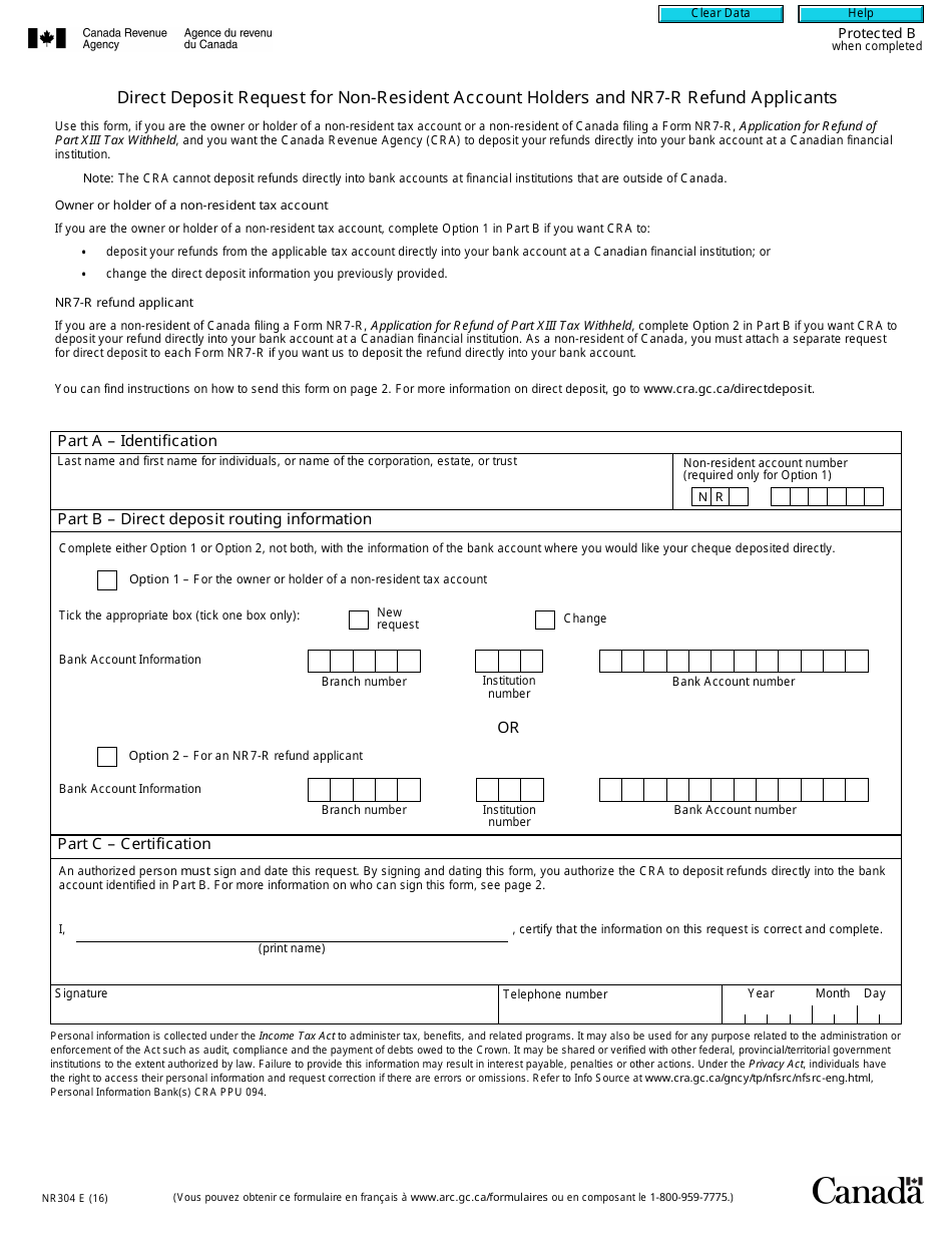 Form NR304 Direct Deposit Request for Non-resident Account Holders and Nr7-r Refund Applicants - Canada, Page 1