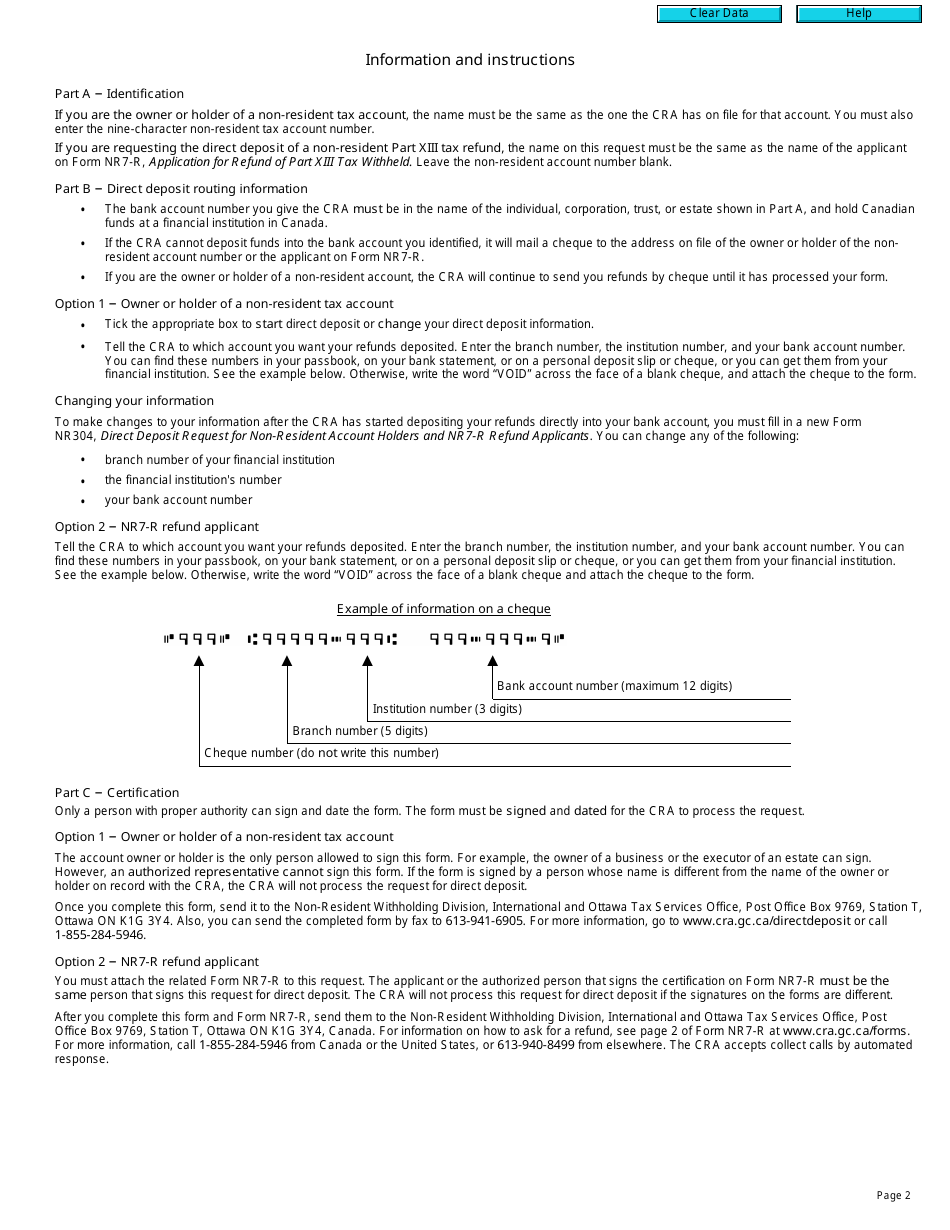 Form NR304 Direct Deposit Request for Non-resident Account Holders and Nr7-r Refund Applicants - Canada, Page 2