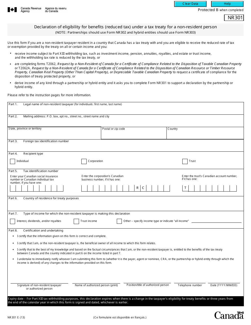 Form NR301 Fill Out, Sign Online and Download Fillable PDF, Canada