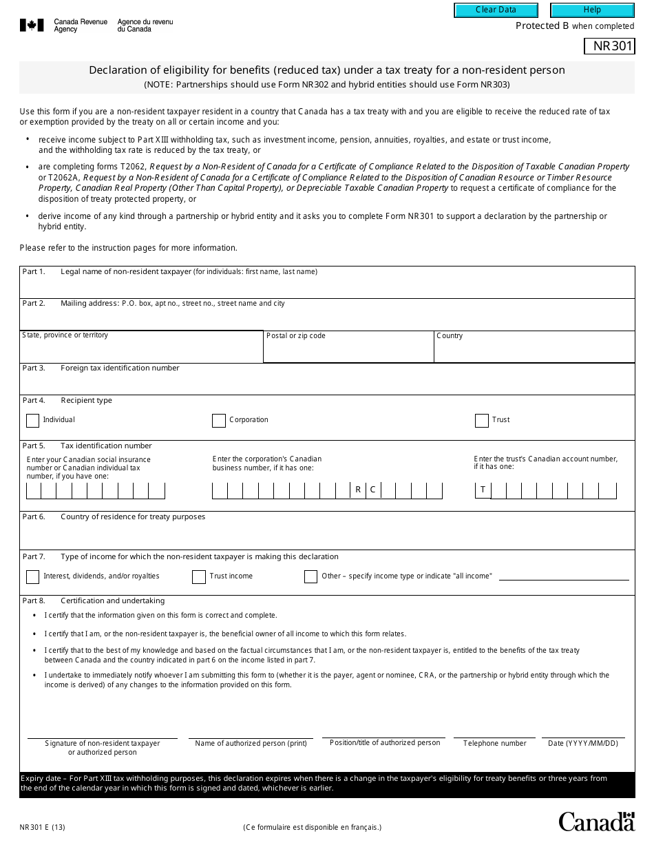 Form NR301 Declaration of Eligibility for Benefits (Reduced Tax) Under a Tax Treaty for a Non-resident Person - Canada, Page 1