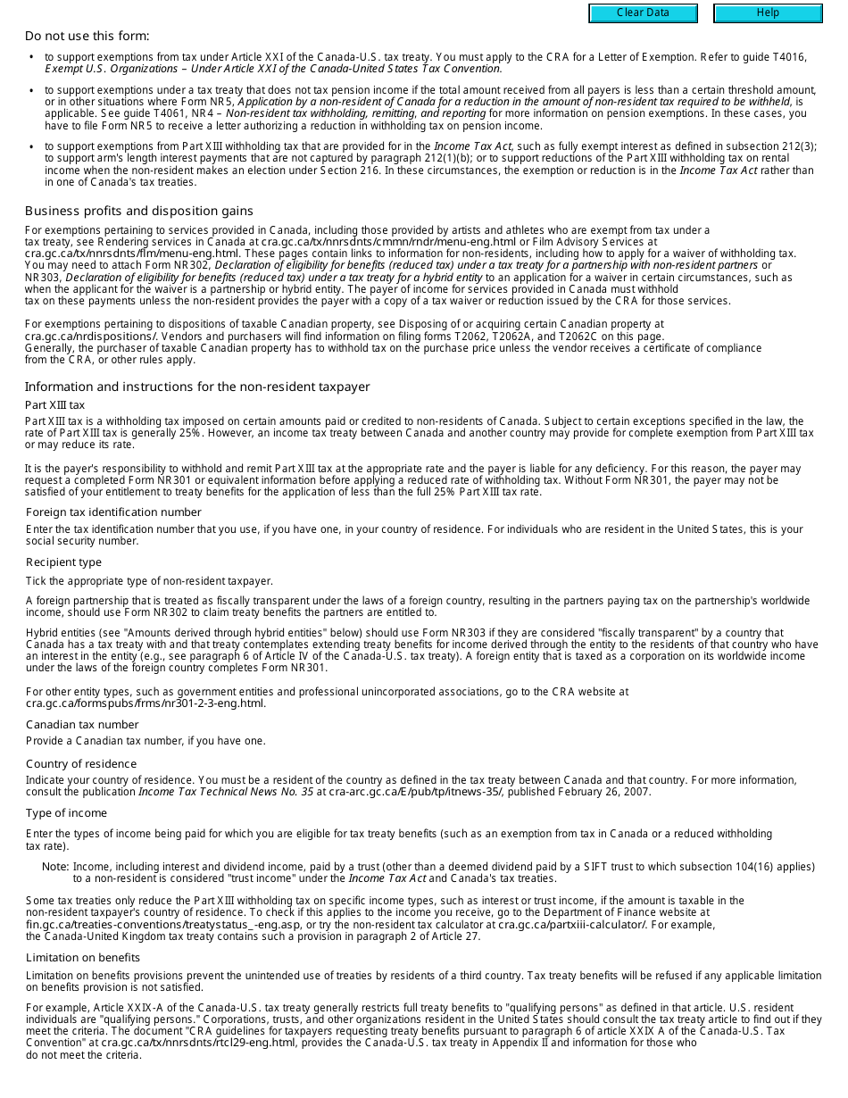 Form NR301 Declaration of Eligibility for Benefits (Reduced Tax) Under a Tax Treaty for a Non-resident Person - Canada, Page 2