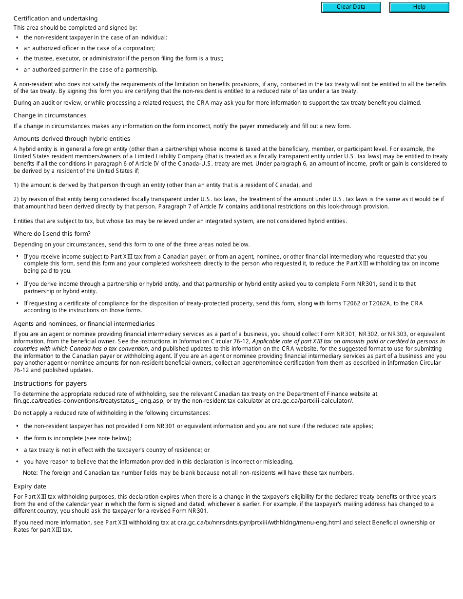 Form NR301 Declaration of Eligibility for Benefits (Reduced Tax) Under a Tax Treaty for a Non-resident Person - Canada, Page 3