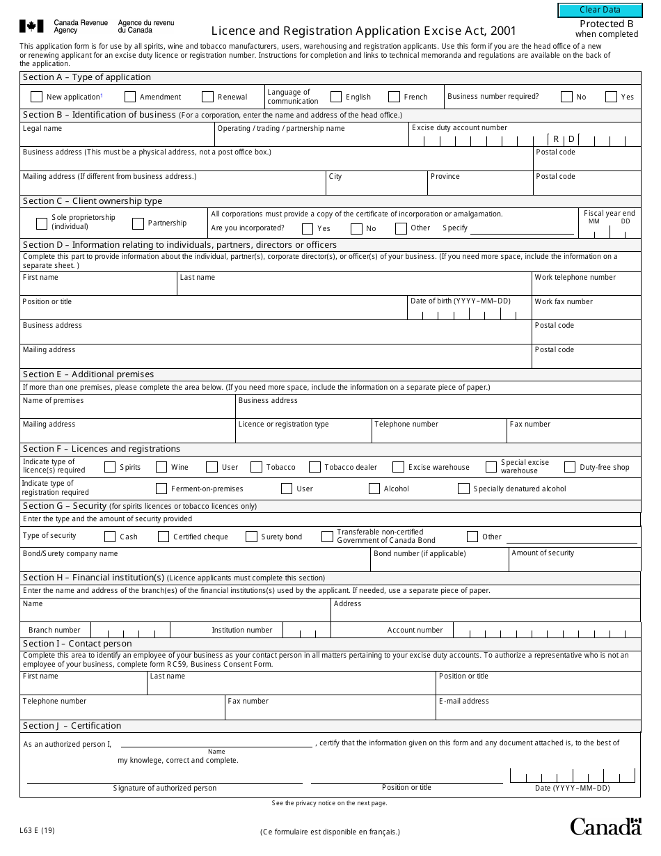 Form L63 E Licence and Registration Application Excise Act, 2001 - Canada, Page 1