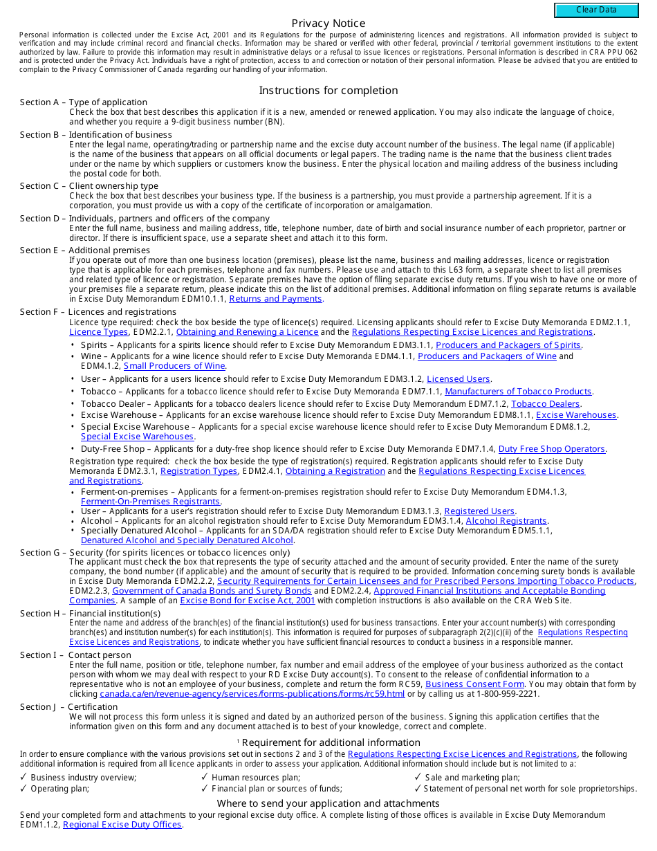 Form L63 E Licence and Registration Application Excise Act, 2001 - Canada, Page 2