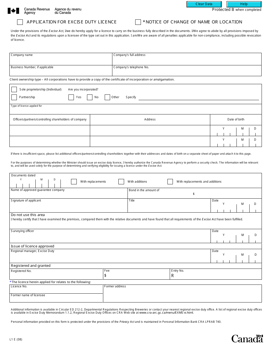 Form L1 Application for Excise Duty Licence / Notice of Change of Name or Location - Canada, Page 1