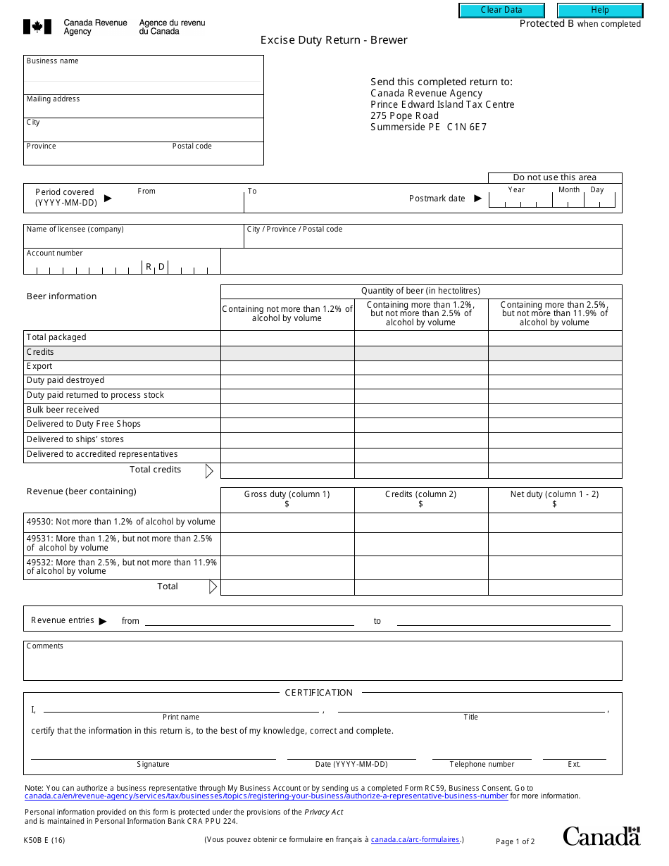 Form K50B Excise Duty Return - Brewer - Canada, Page 1