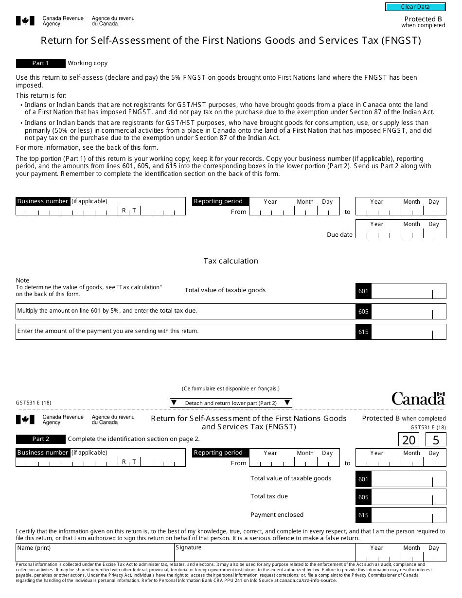 Form GST531 Return for Self-assessment of the First Nations Goods and Services Tax (Fngst) - Canada, Page 1