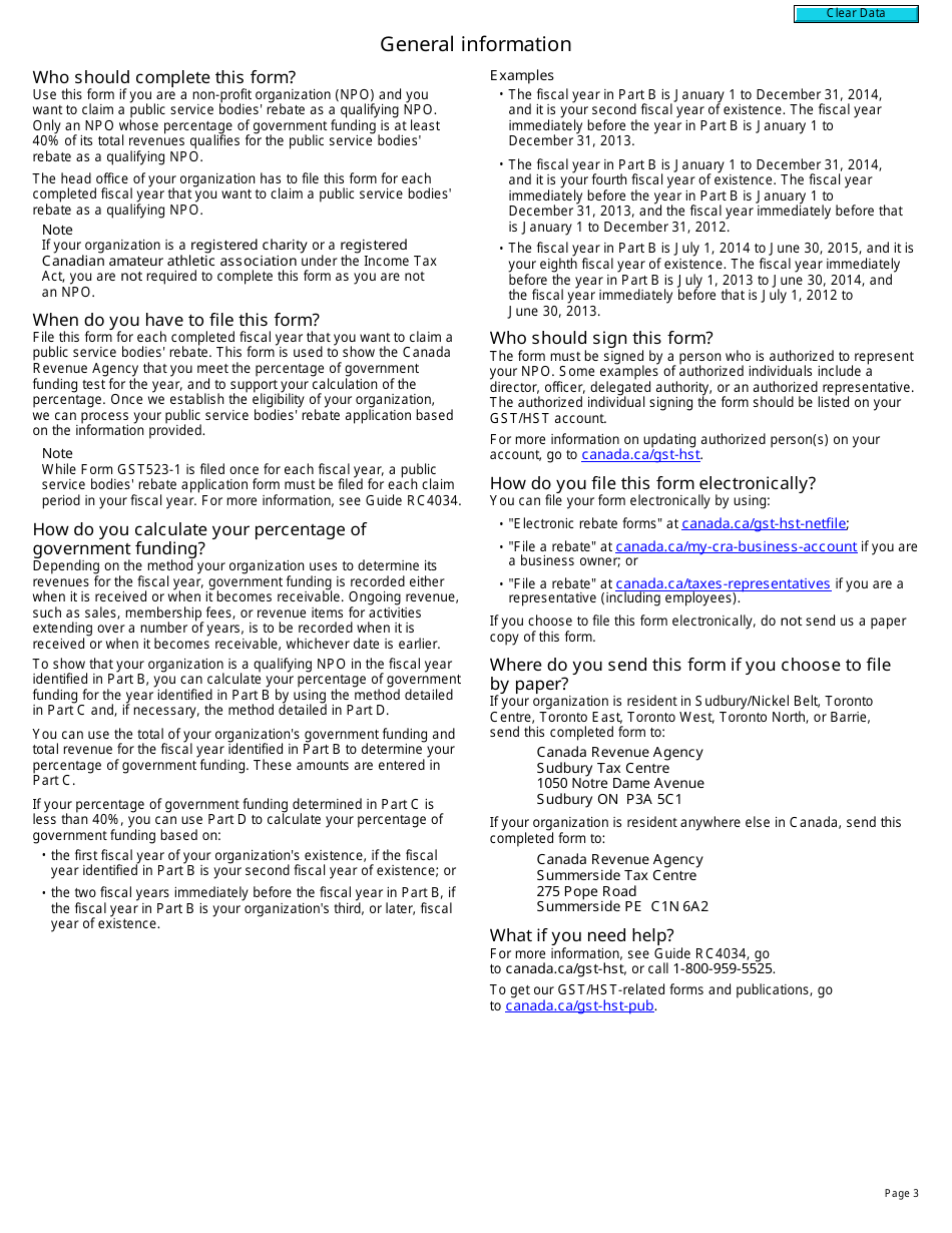 Form GST523-1 Non-profit Organizations - Government Funding - Canada, Page 3