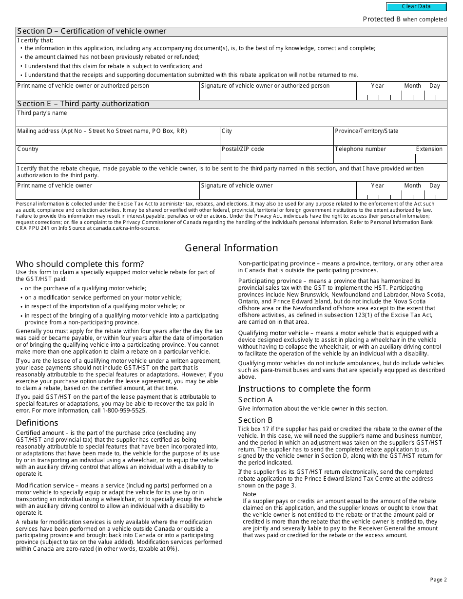 Form GST518 Gst / Hst Specially Equipped Motor Vehicle Rebate Application - Canada, Page 2