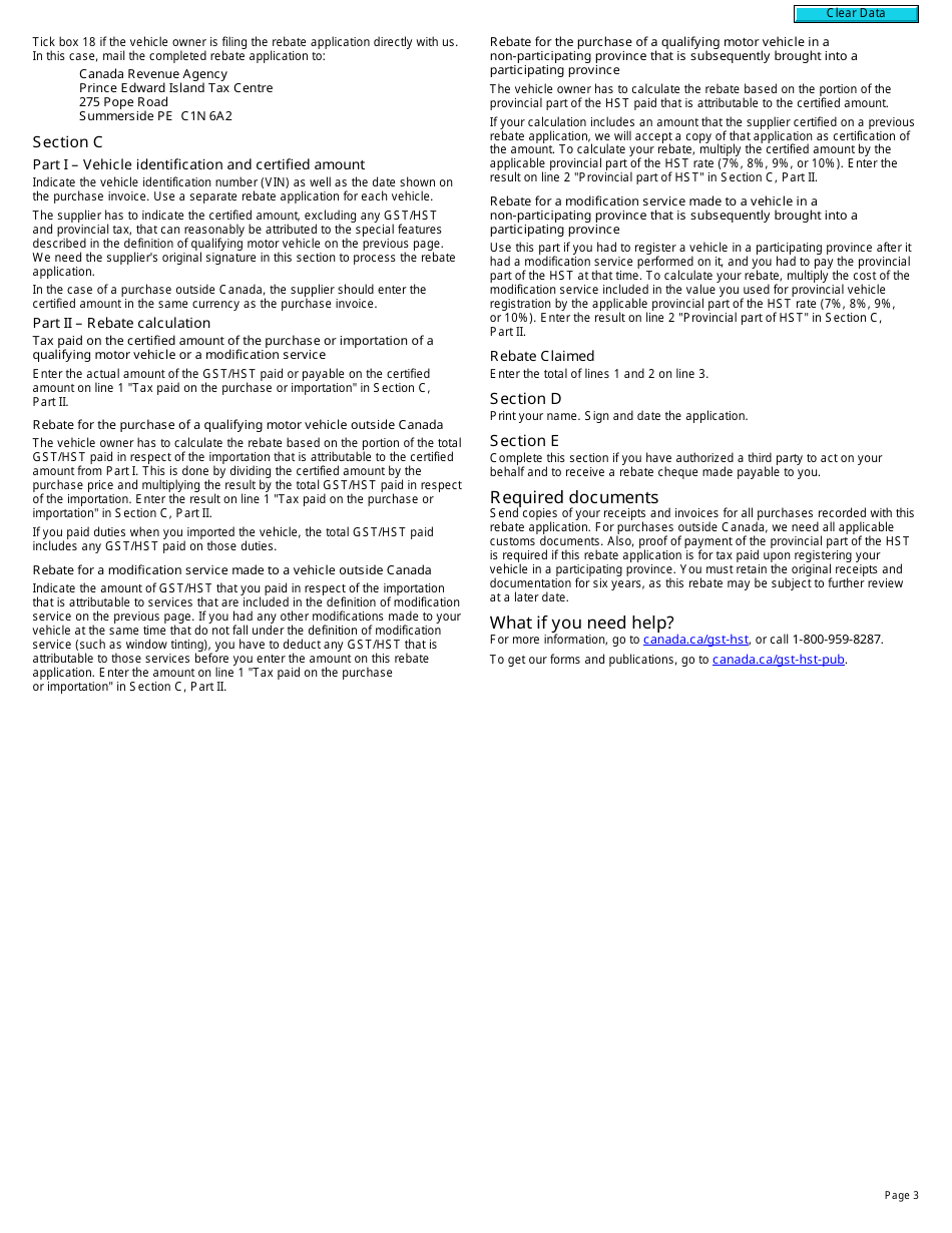 Form GST518 Gst / Hst Specially Equipped Motor Vehicle Rebate Application - Canada, Page 3