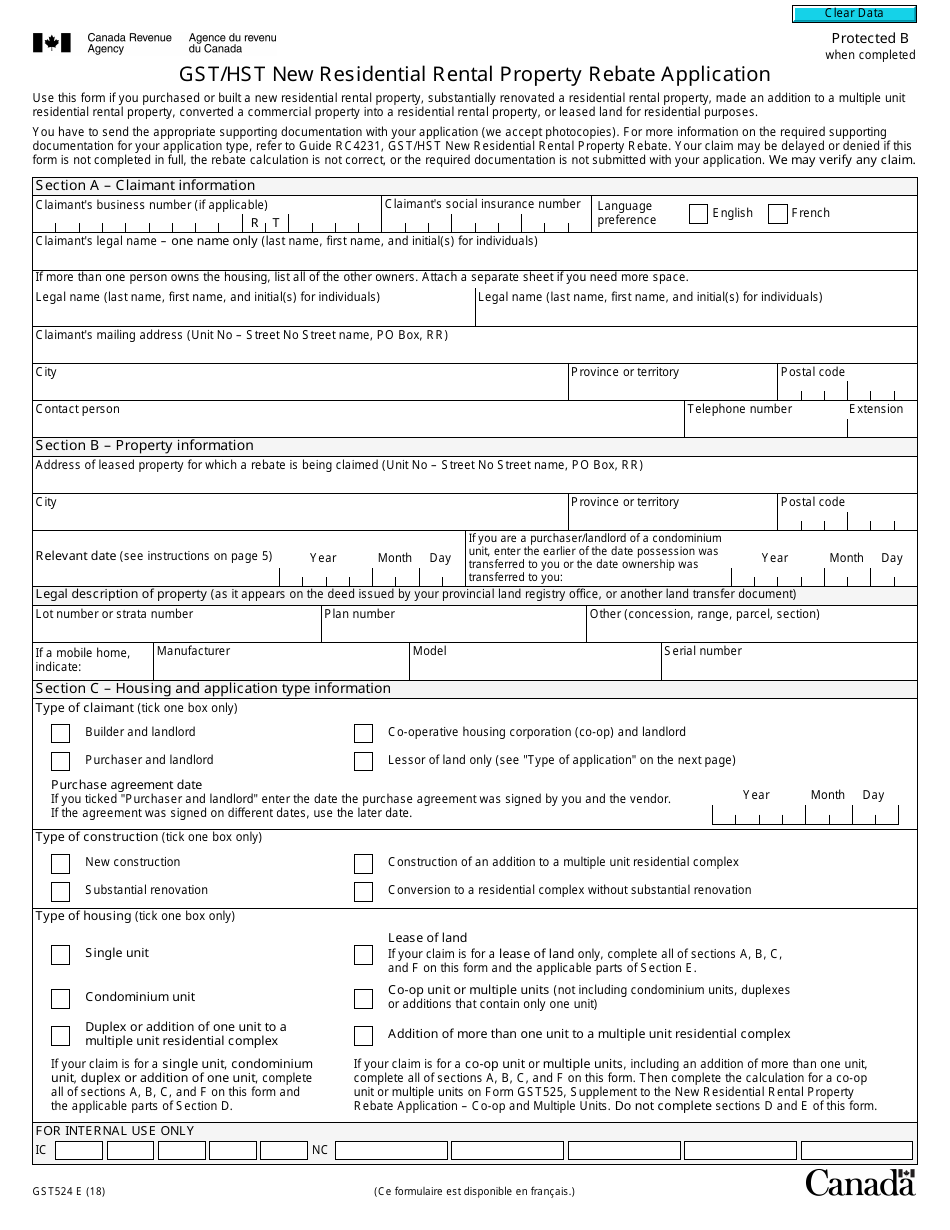Form GST524 Gst/Hst New Residential Rental Property Rebate Application - Canada, Page 1