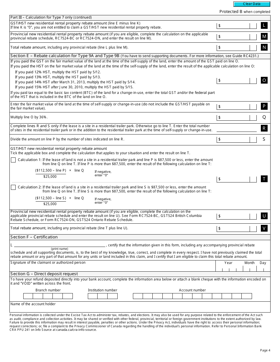 Form GST524 Gst / Hst New Residential Rental Property Rebate Application - Canada, Page 4