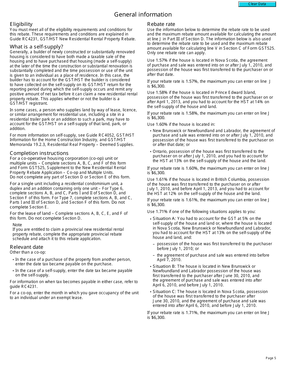 Form GST524 Gst / Hst New Residential Rental Property Rebate Application - Canada, Page 5
