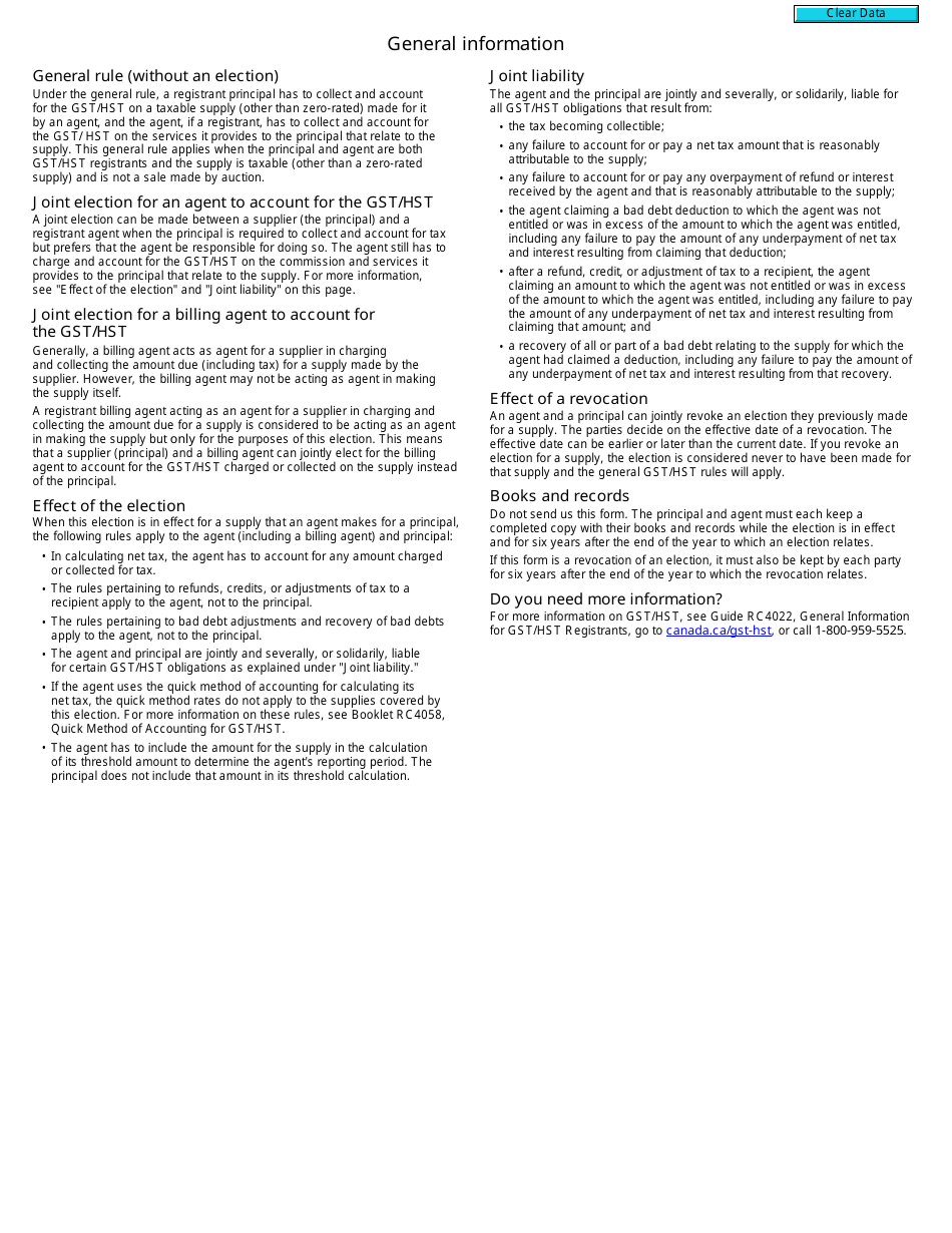 Form GST506 Election and Revocation of an Election Between Agent and Principal - Canada, Page 2