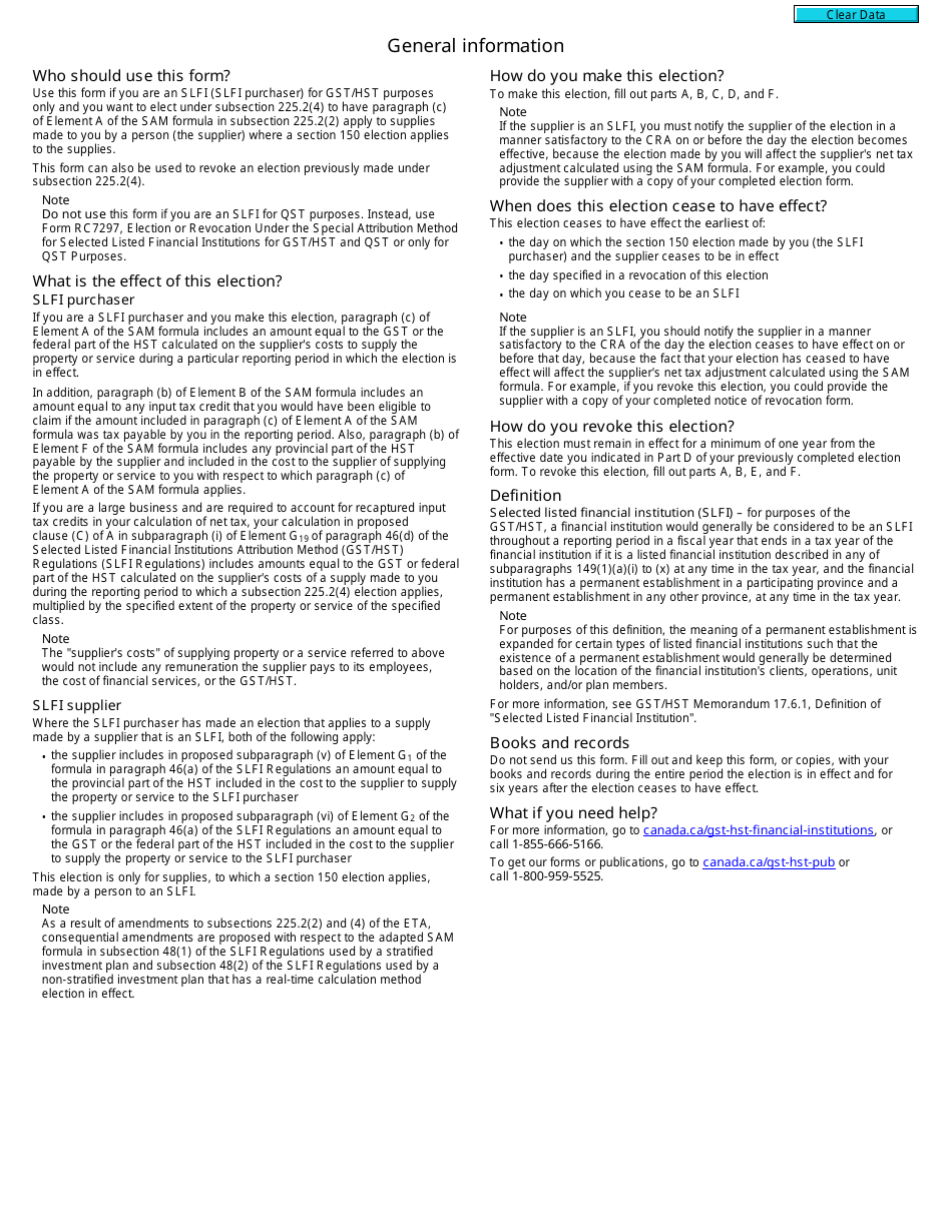 Form GST497 Gst / Hst Election or Revocation Under the Special Attribution Method for Selected Listed Financial Institutions - Canada, Page 2