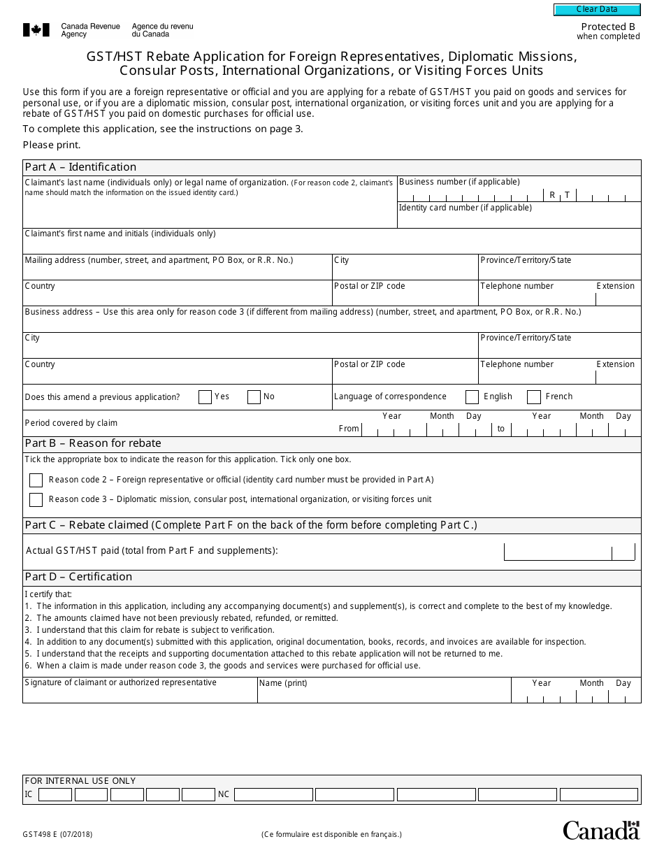 Form GST498 Gst / Hst Rebate Application for Foreign Representatives, Diplomatic Missions, Consular Posts, International Organizations, or Visiting Forces Units - Canada, Page 1