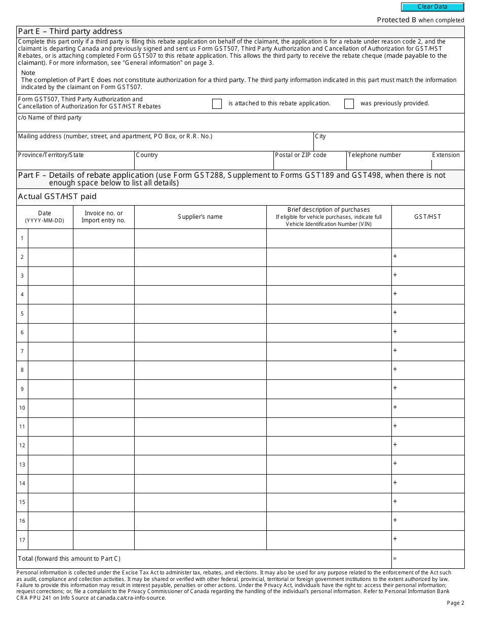 Form GST498 Gst / Hst Rebate Application for Foreign Representatives, Diplomatic Missions, Consular Posts, International Organizations, or Visiting Forces Units - Canada, Page 2