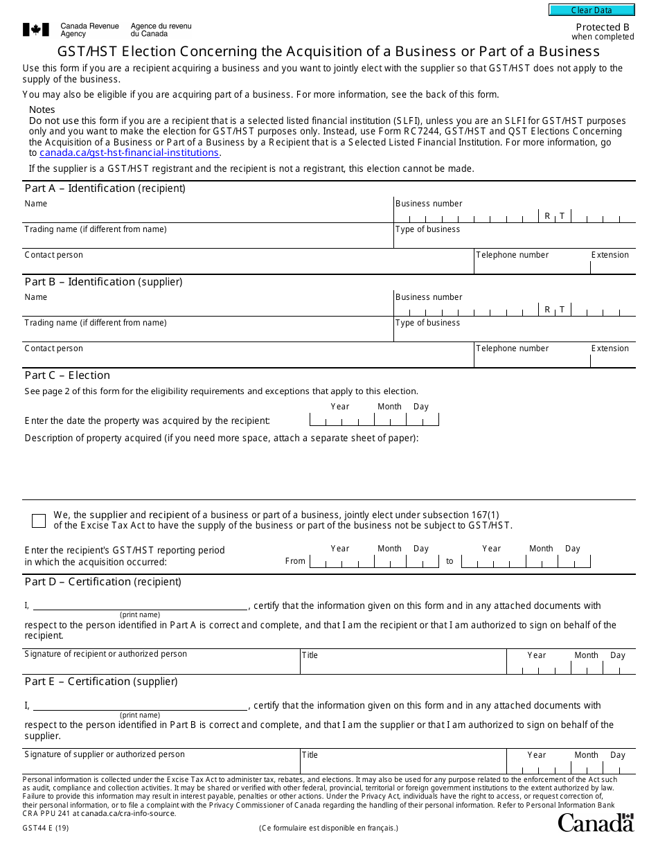 Form GST44 - Fill Out, Sign Online and Download Fillable PDF, Canada ...