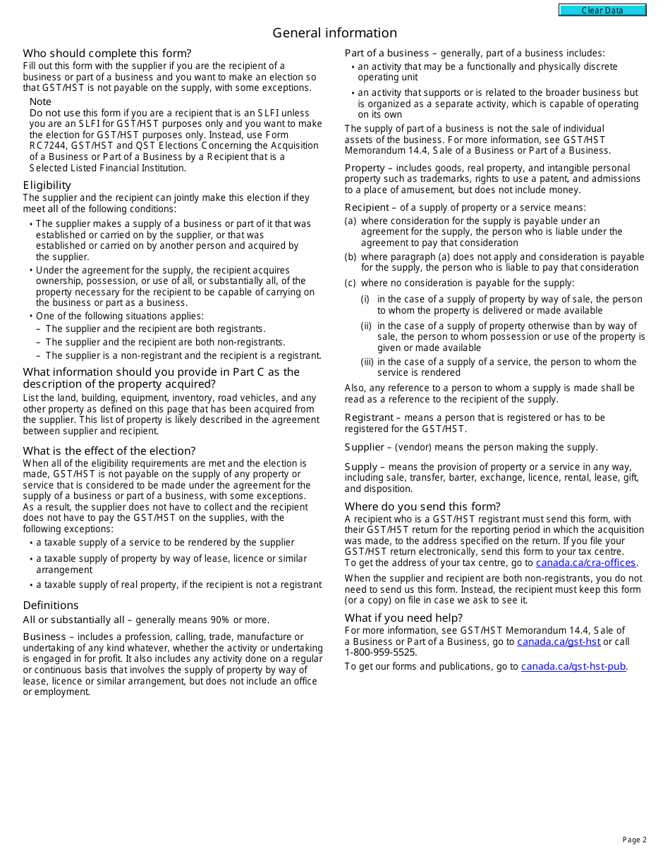 Form GST44 Gst / Hst Election Concerning the Acquisition of a Business or Part of a Business - Canada, Page 2
