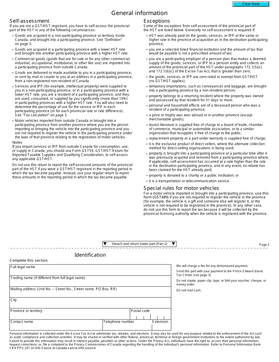 Form GST489 Return for Self-assessment of the Provincial Part of Harmonized Sales Tax (Hst) - Canada, Page 2