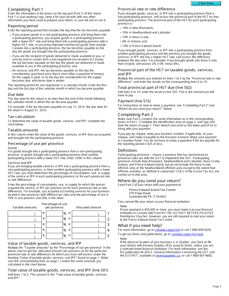 Form GST489 Return for Self-assessment of the Provincial Part of Harmonized Sales Tax (Hst) - Canada, Page 3
