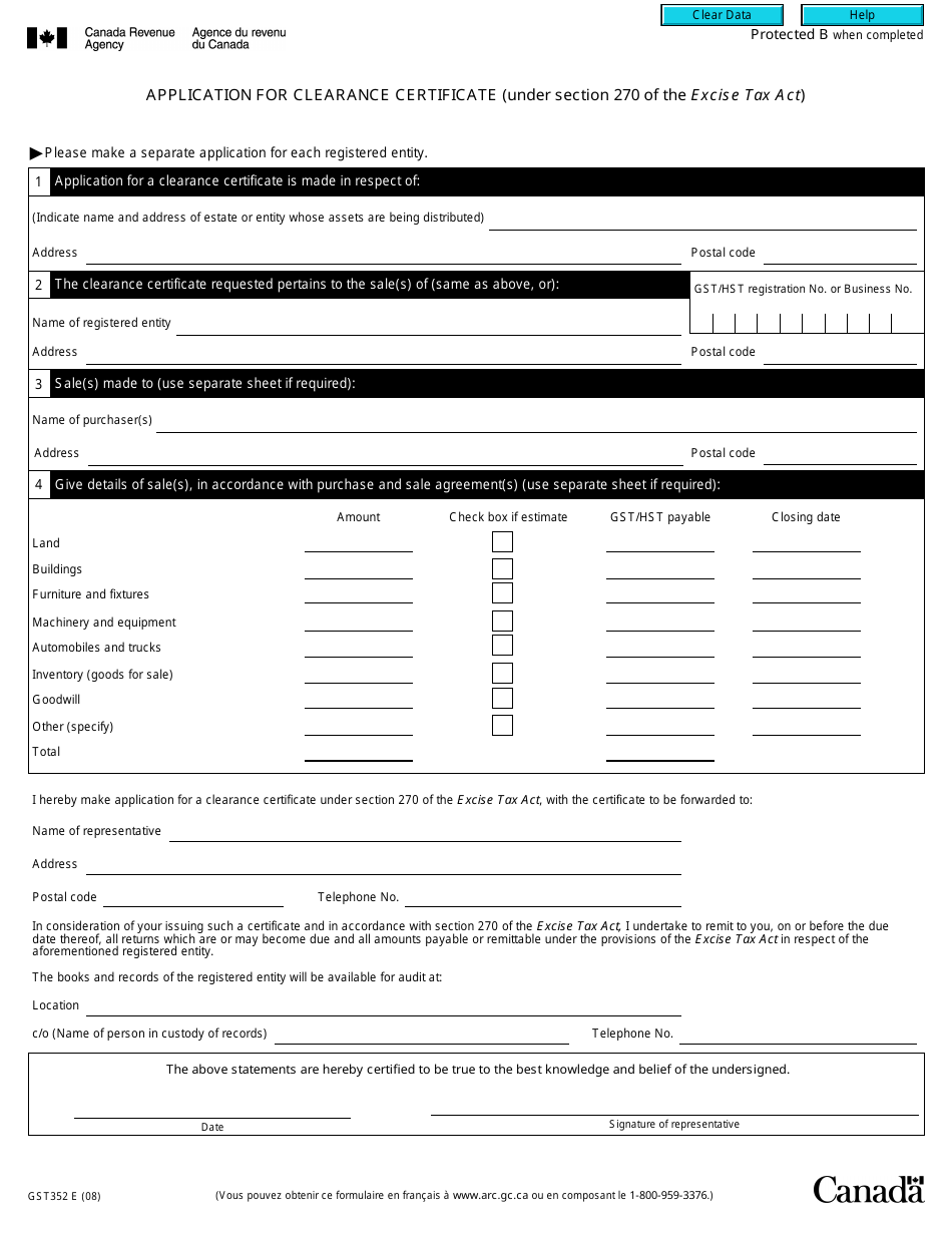 Form GST352 Application for Clearance Certificate - Canada, Page 1