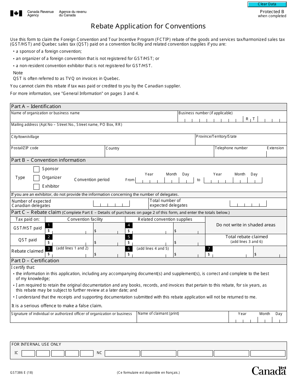 Form GST386 Rebate Application for Conventions - Canada, Page 1