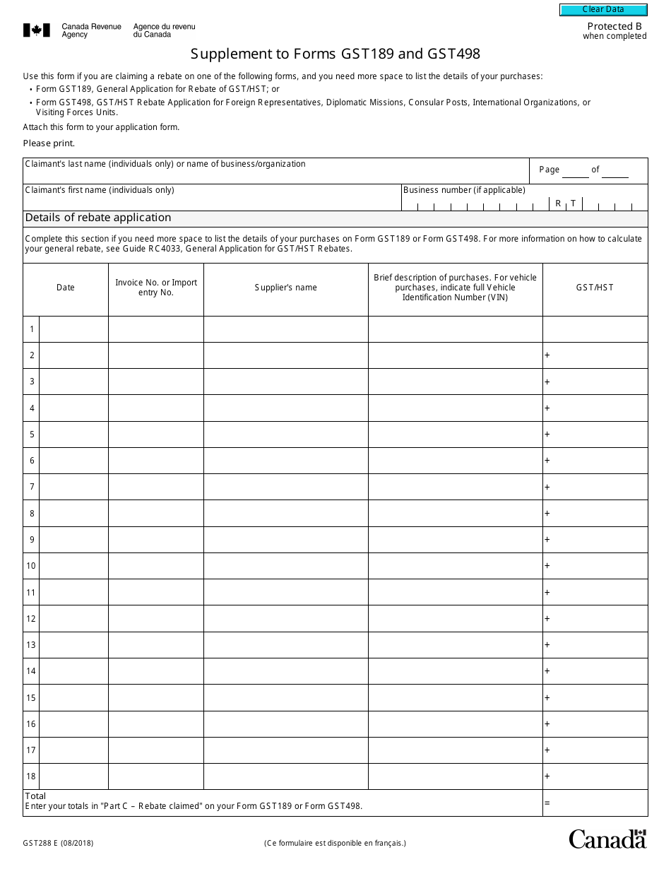 Form GST288 Supplement to Forms Gst189 and Gst498 - Canada, Page 1