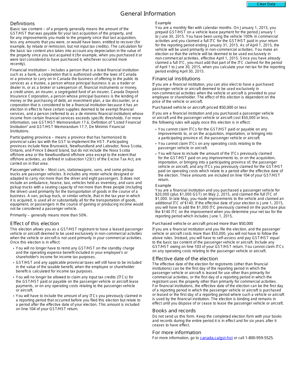 Form GST30 Election for Passenger Vehicles or Aircraft to Be Deemed to Be Used Exclusively in Non-commercial Activities - Canada, Page 2