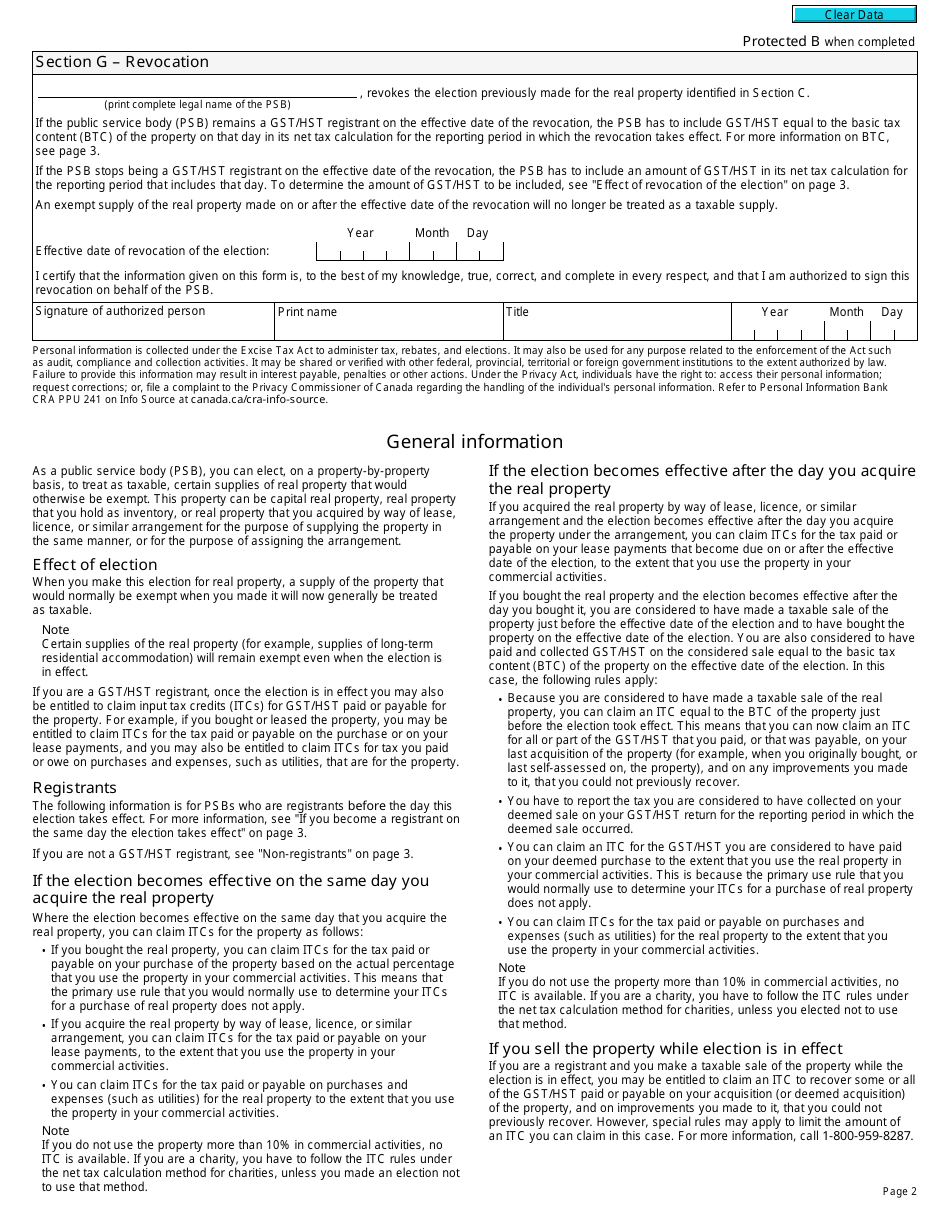 Form GST26 Election or Revocation of an Election by a Public Service Body to Have an Exempt Supply of Real Property Treated as a Taxable Supply - Canada, Page 2