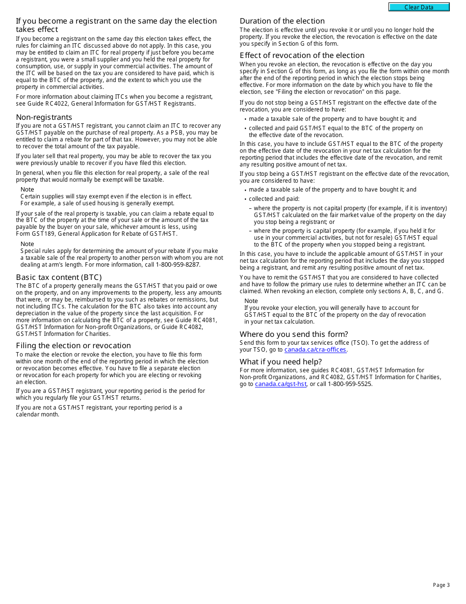 Form GST26 Election or Revocation of an Election by a Public Service Body to Have an Exempt Supply of Real Property Treated as a Taxable Supply - Canada, Page 3