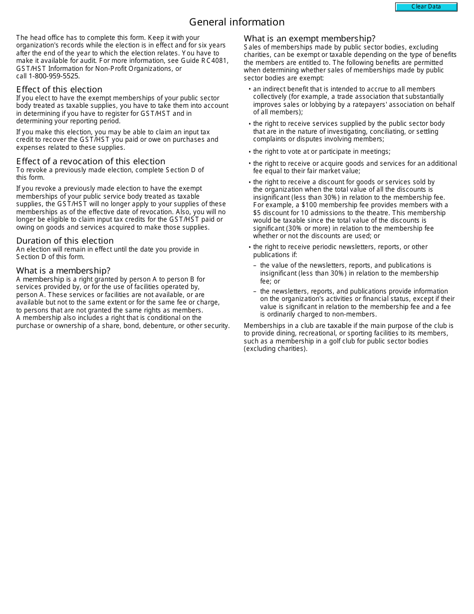Form GST23 Election and Revocation of the Election by a Public Sector Body (Other Than a Charity) to Have Its Exempt Memberships Treated as Taxable Supplies - Canada, Page 2