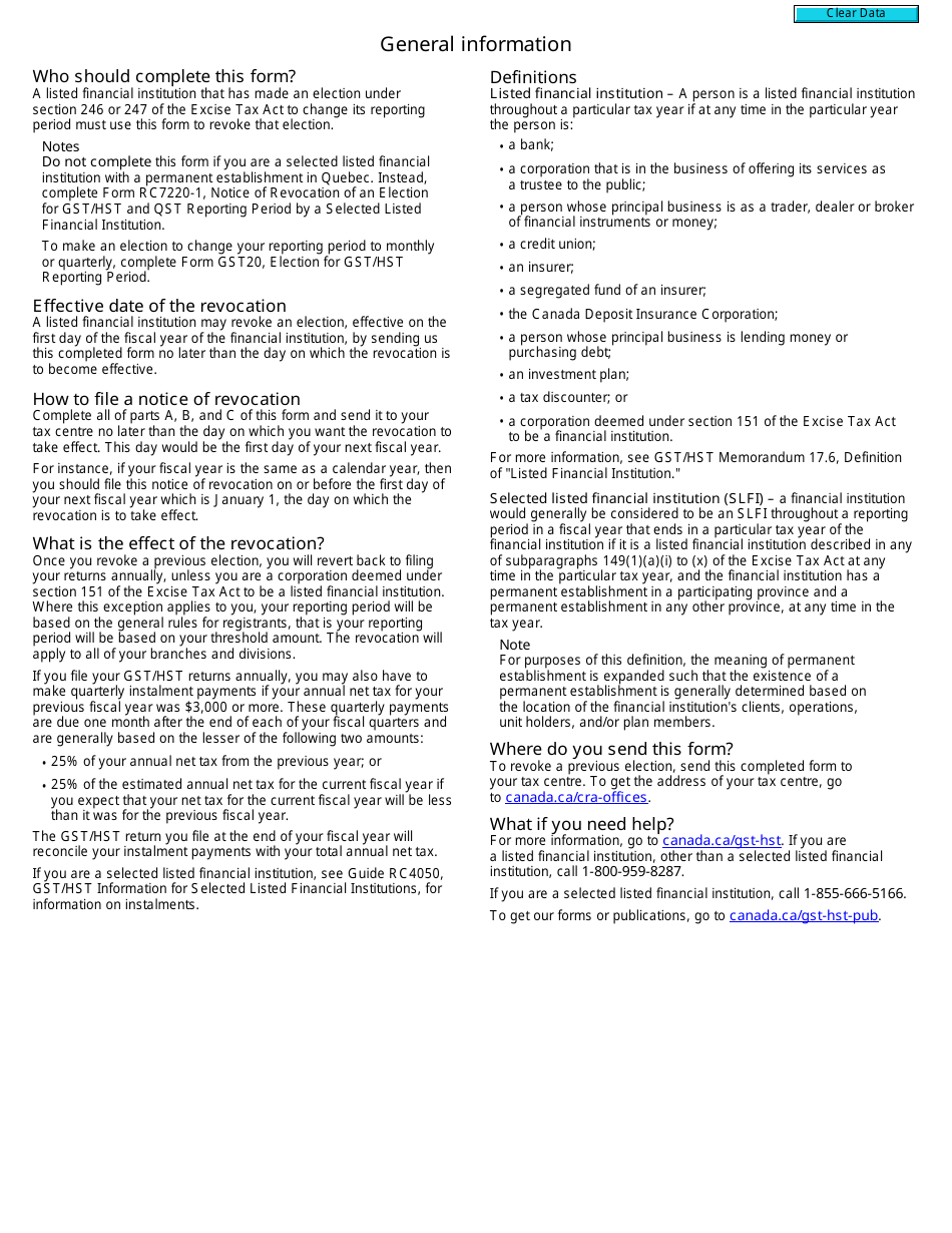 Form GST20-1 Notice of Revocation of an Election for Gst / Hst Reporting Period by a Listed Financial Institution - Canada, Page 2