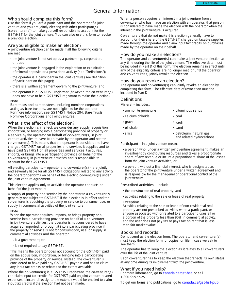 Form GST21 Election or Revocation of an Election to Have the Joint Venture Operator Account for Gst / Hst - Canada, Page 2