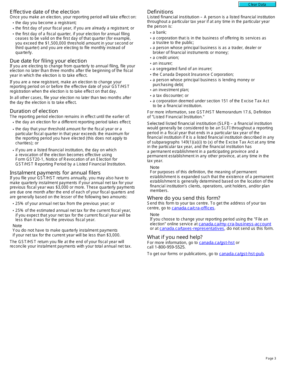 Form GST20 Election for Gst / Hst Reporting Period - Canada, Page 3