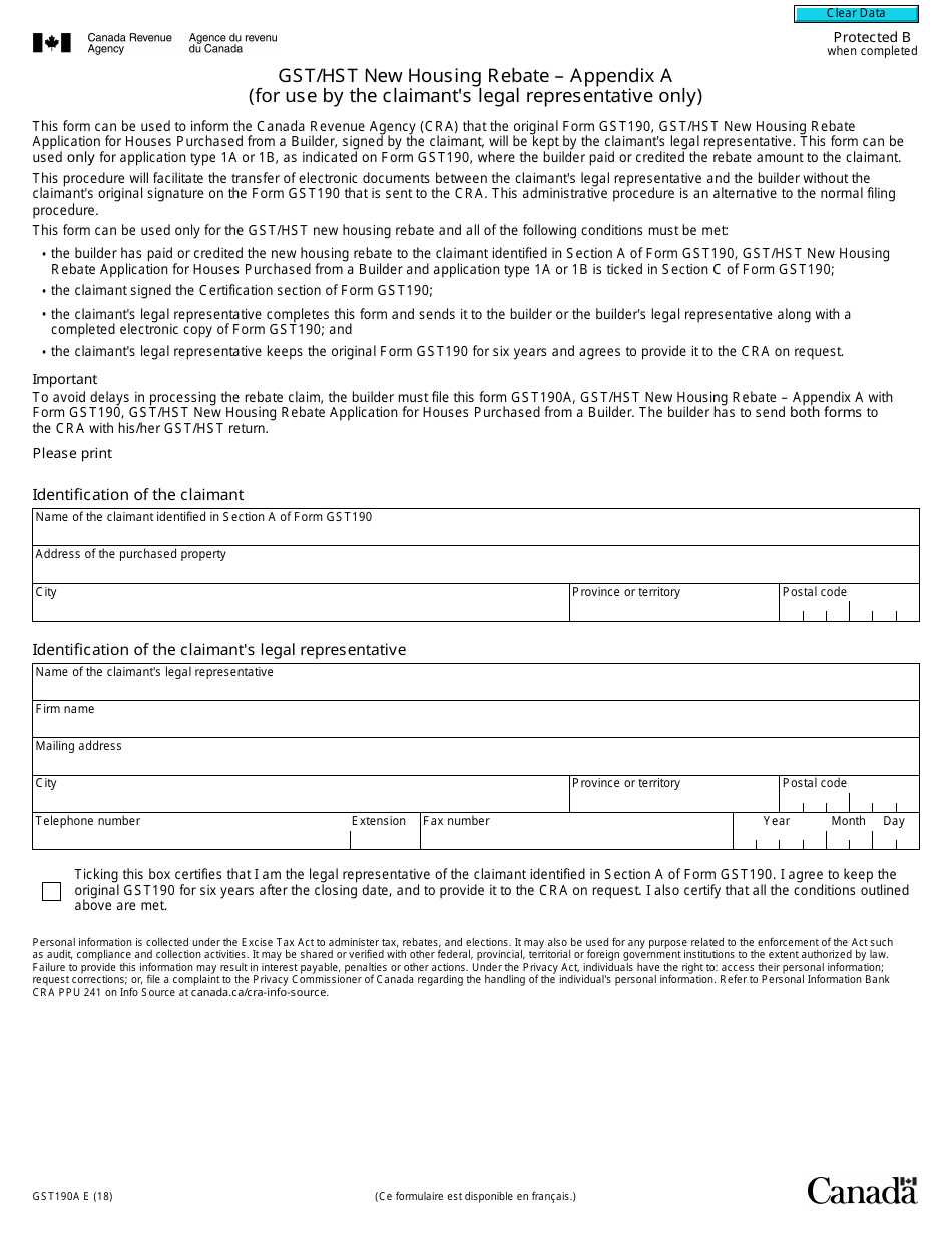 Form GST190A Schedule A Gst / Hst New Housing Rebate - Canada, Page 1