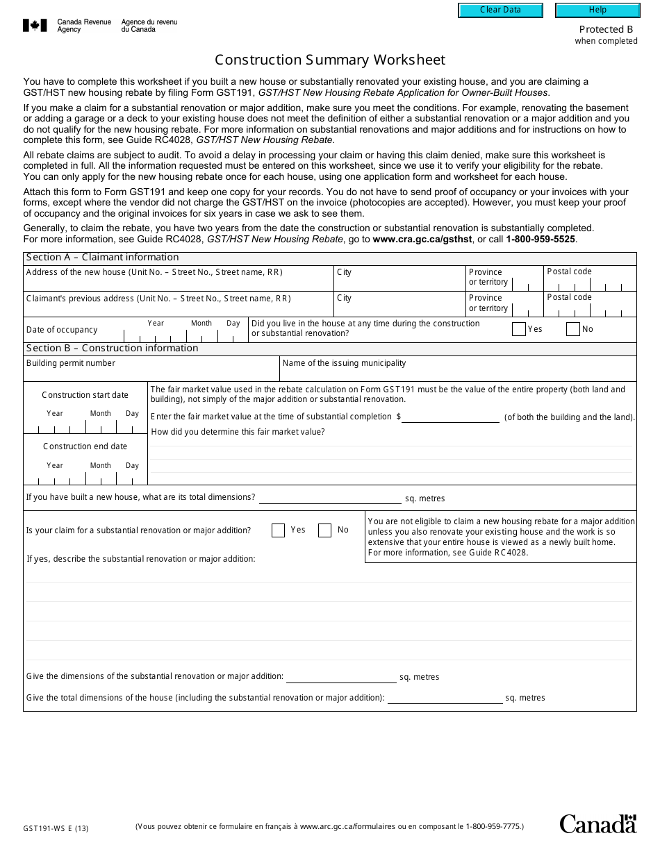 Form GST191-WS Construction Summary Worksheet - Canada, Page 1