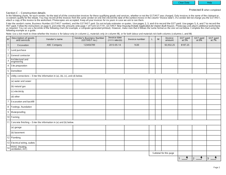 Form GST191-WS Construction Summary Worksheet - Canada, Page 2