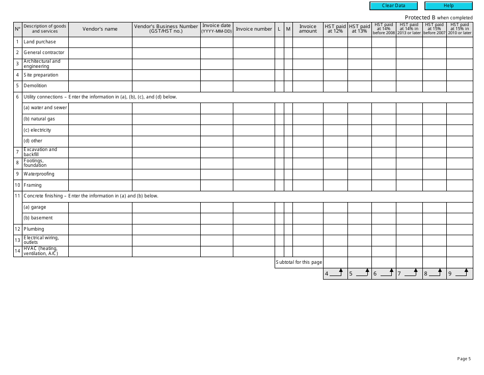 Form GST191-WS Construction Summary Worksheet - Canada, Page 5