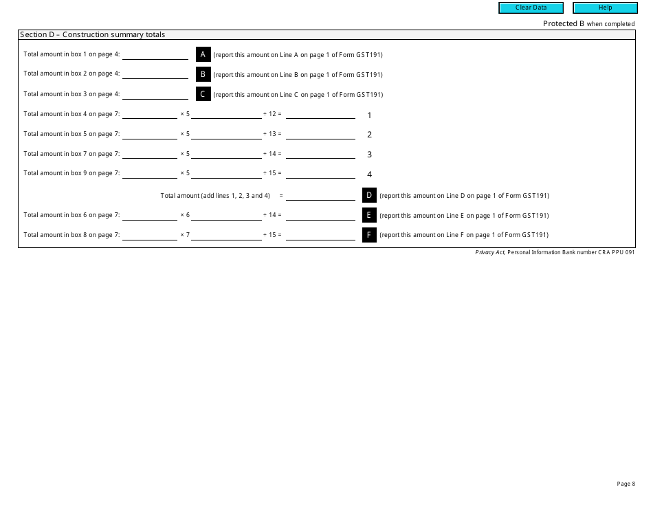 Form GST191-WS Construction Summary Worksheet - Canada, Page 8
