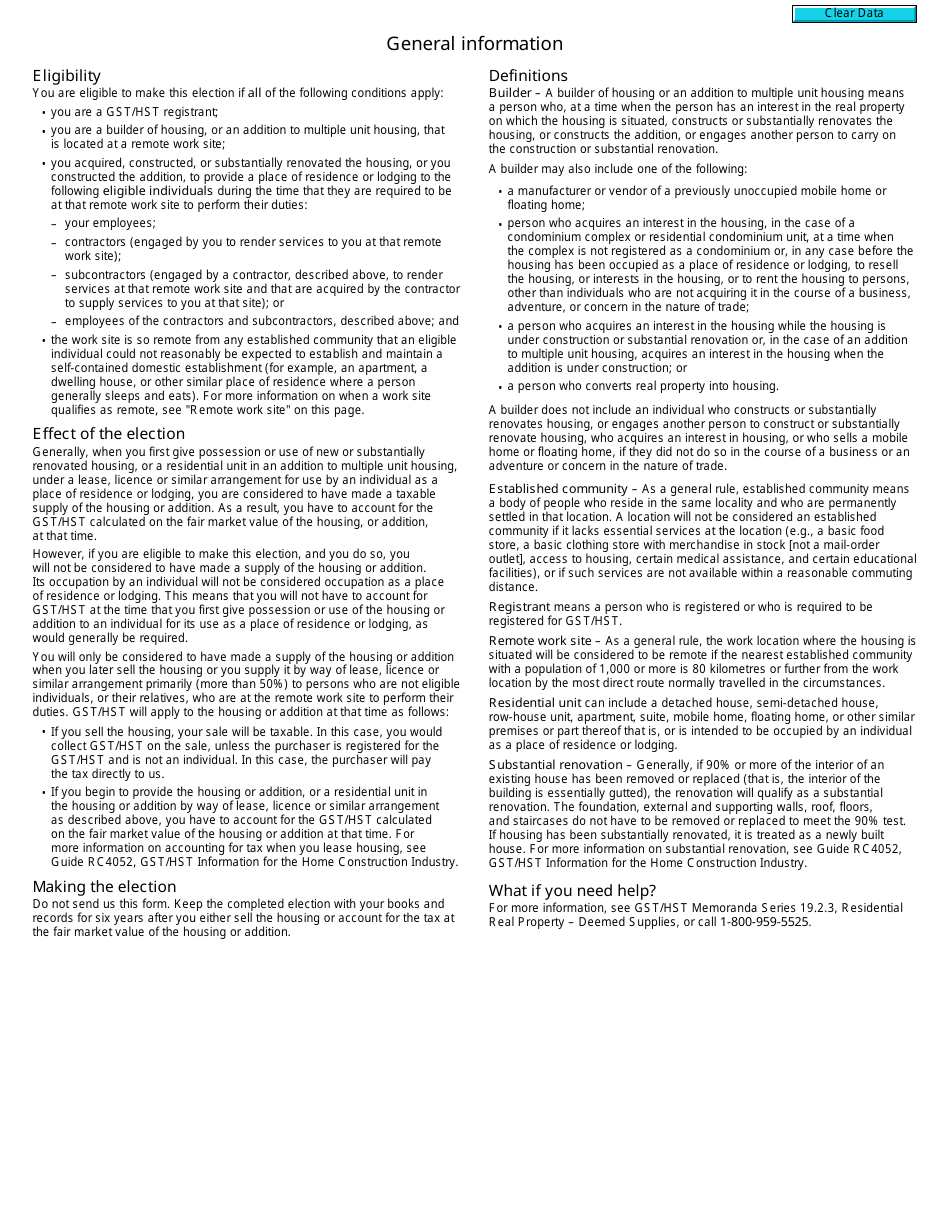 Form GST17 Election Concerning the Provision of a Residence or Lodging at a Remote Work Site - Canada, Page 2