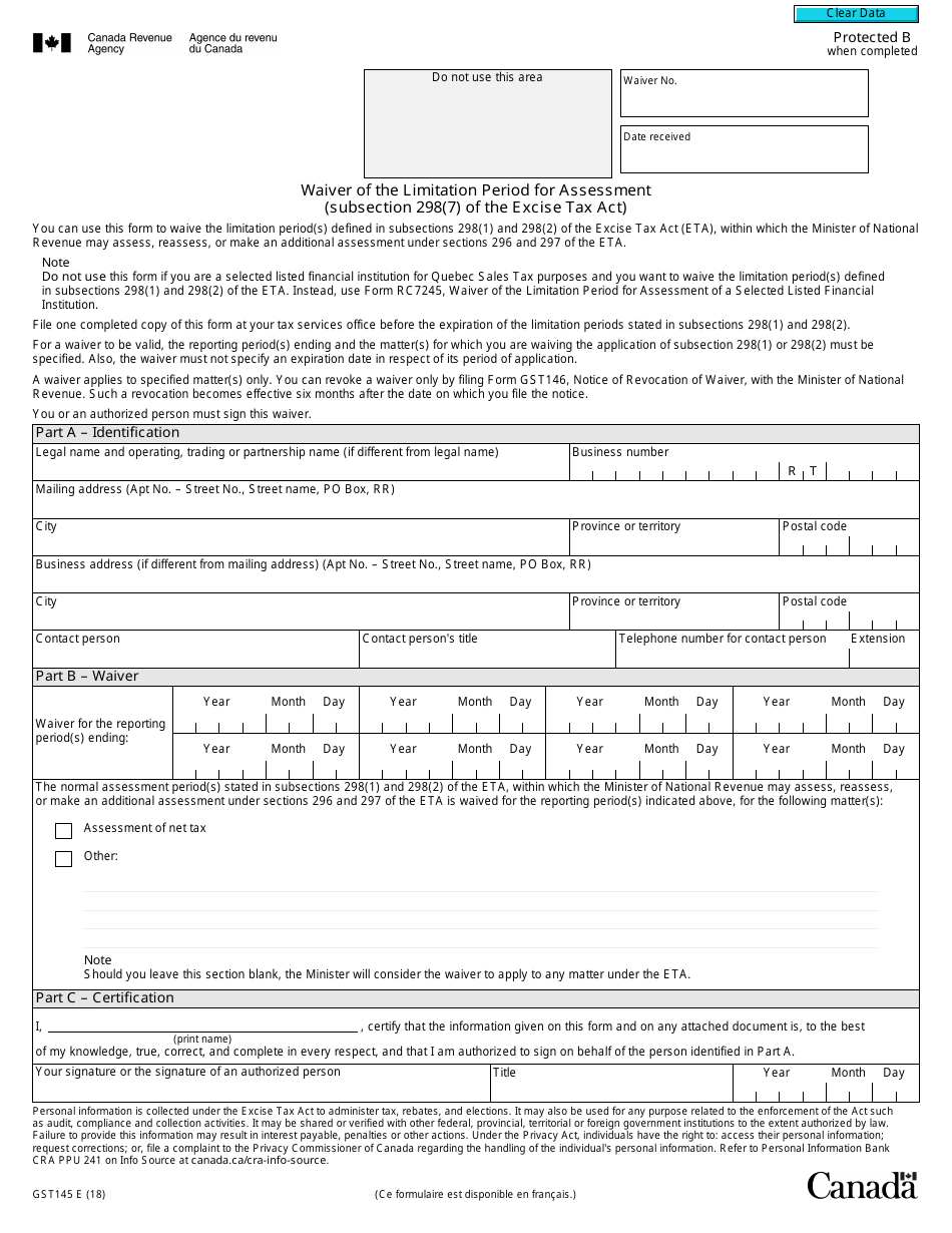 Form GST145 Waiver of the Limitation Period for Assessment - Canada, Page 1