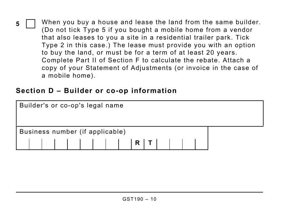 Form GST190 Gst / Hst New Housing Rebate Application for Houses Purchased From a Builder - Large Print - Canada, Page 10
