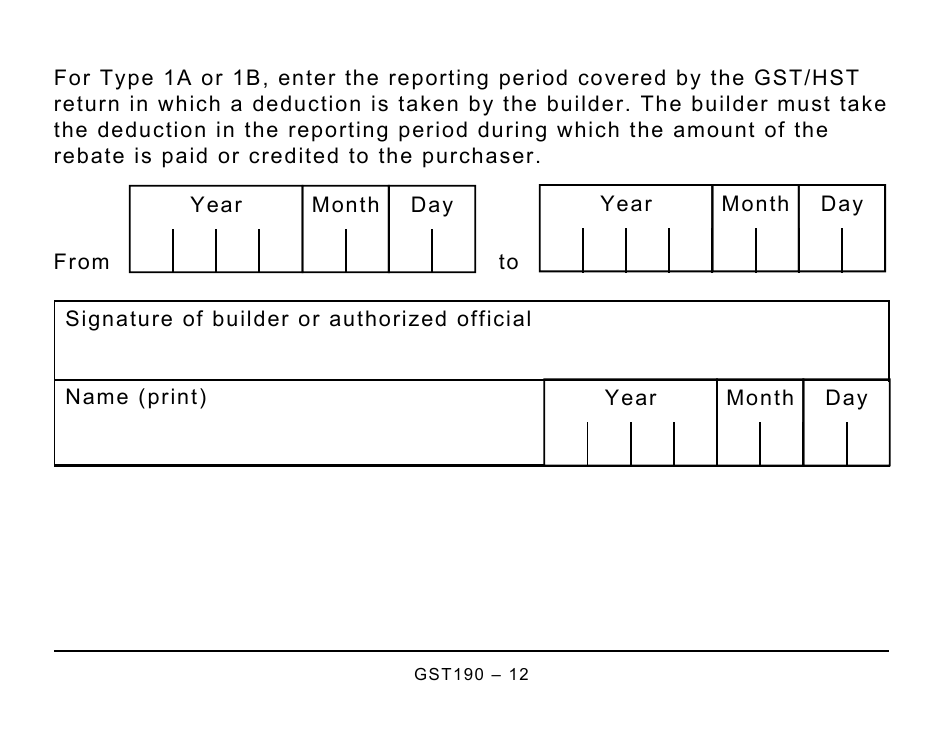 Form GST190 Gst / Hst New Housing Rebate Application for Houses Purchased From a Builder - Large Print - Canada, Page 12