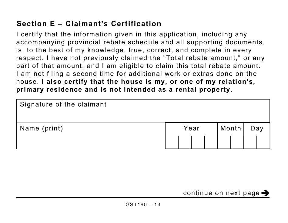 Form GST190 Gst / Hst New Housing Rebate Application for Houses Purchased From a Builder - Large Print - Canada, Page 13