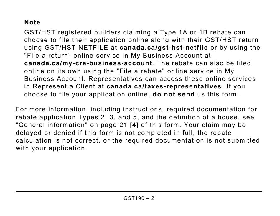 Form GST190 Gst / Hst New Housing Rebate Application for Houses Purchased From a Builder - Large Print - Canada, Page 2