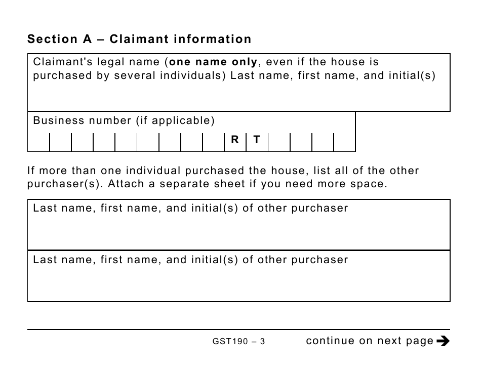 Form GST190 Gst / Hst New Housing Rebate Application for Houses Purchased From a Builder - Large Print - Canada, Page 3