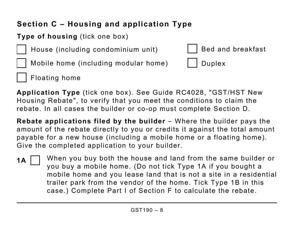 Form GST190 Gst / Hst New Housing Rebate Application for Houses Purchased From a Builder - Large Print - Canada, Page 8