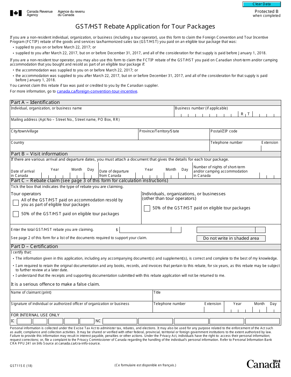 Form GST115 Gst / Hst Rebate Application for Tour Packages - Canada, Page 1